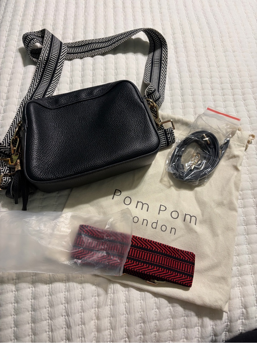 Pom Pom London Black Leather Crossbody Bag with Striped Strap